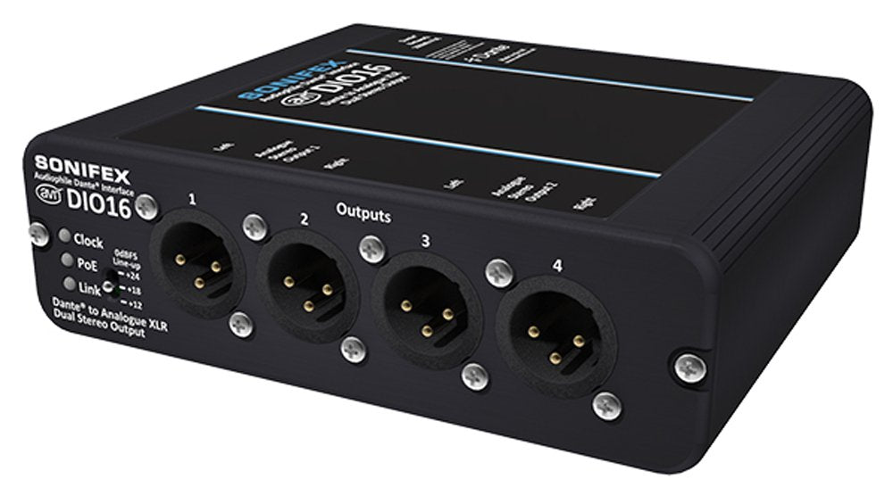 Black Sonifex DIO16 device with four XLR female output connectors and LED indicators for clock, PoE, and link.