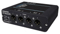 Black Sonifex DIO16 device with four XLR female output connectors and LED indicators for clock, PoE, and link.