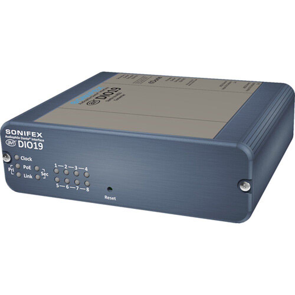 Blue and gray rectangular electronic device labeled SONIFEX DIO19 with multiple indicator lights and a reset button on the front panel.