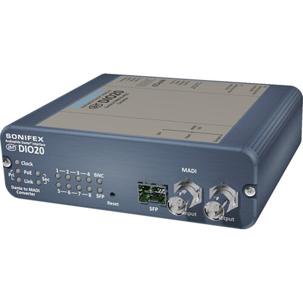 Blue and gray SONIFEX DIO20 converter with multiple indicator lights and MADI and SFP ports shown from angled front view.