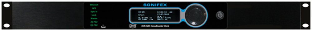 Front view of a black SONIFEX AVN-GMC Grandmaster Clock with knob, button, and status indicator lights.