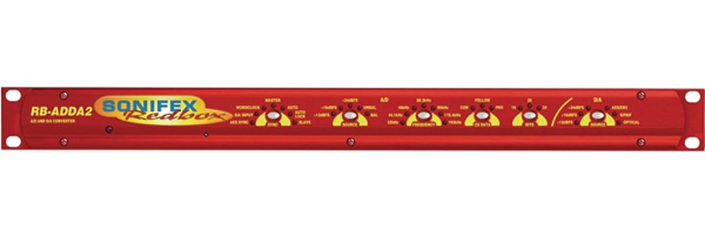 Front panel of a Sonifex Redbox RB-ADDA2 audio converter with multiple controls and indicators on a red metal case.