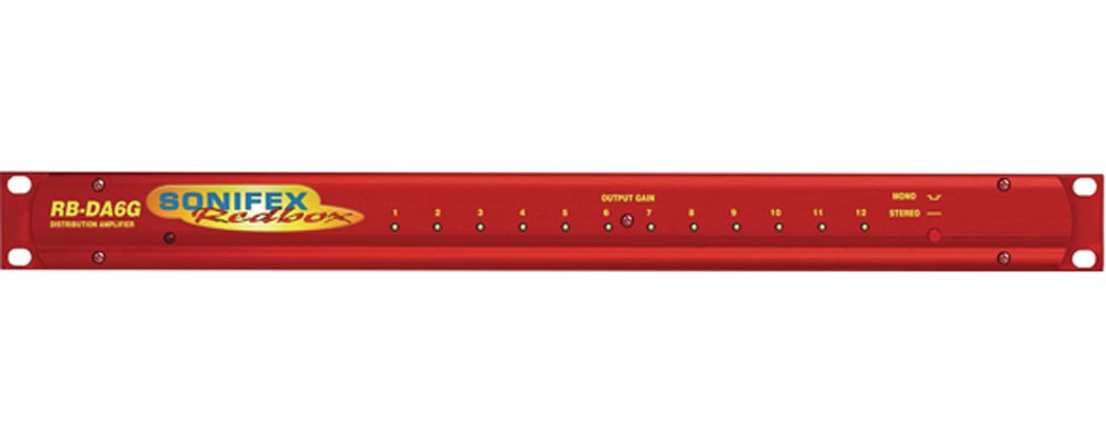 Red SONIFEX RB-DA6G rackmount distribution amplifier with output gain buttons and mono/stereo switch.