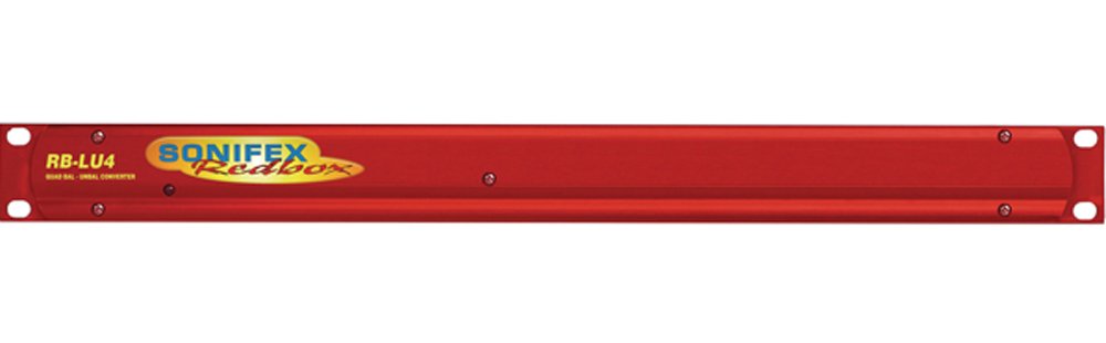 Red metal device rack panel labeled RB-LU4 SONIFEX Redbox with no visible connectors or controls.