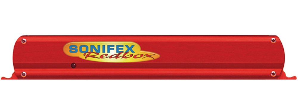 Red metal device with SONIFEX Redbox logo on its side, photographed from the front.