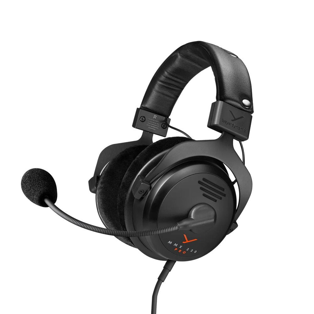 Black over-ear headphones with attached boom microphone and wired cable, branded beyerdynamic MMX 330 PRO.