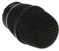 Close-up view of a black metal microphone capsule with mesh grille and XLR connector.