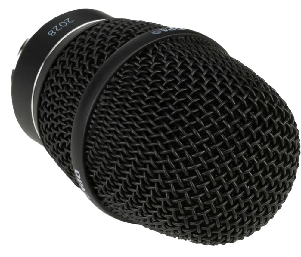 Close-up view of a black metal microphone capsule with mesh grille and XLR connector.