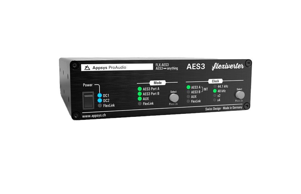Front panel of a black Appsys ProAudio Flexiverter AES3 device with indicator LEDs and switches.