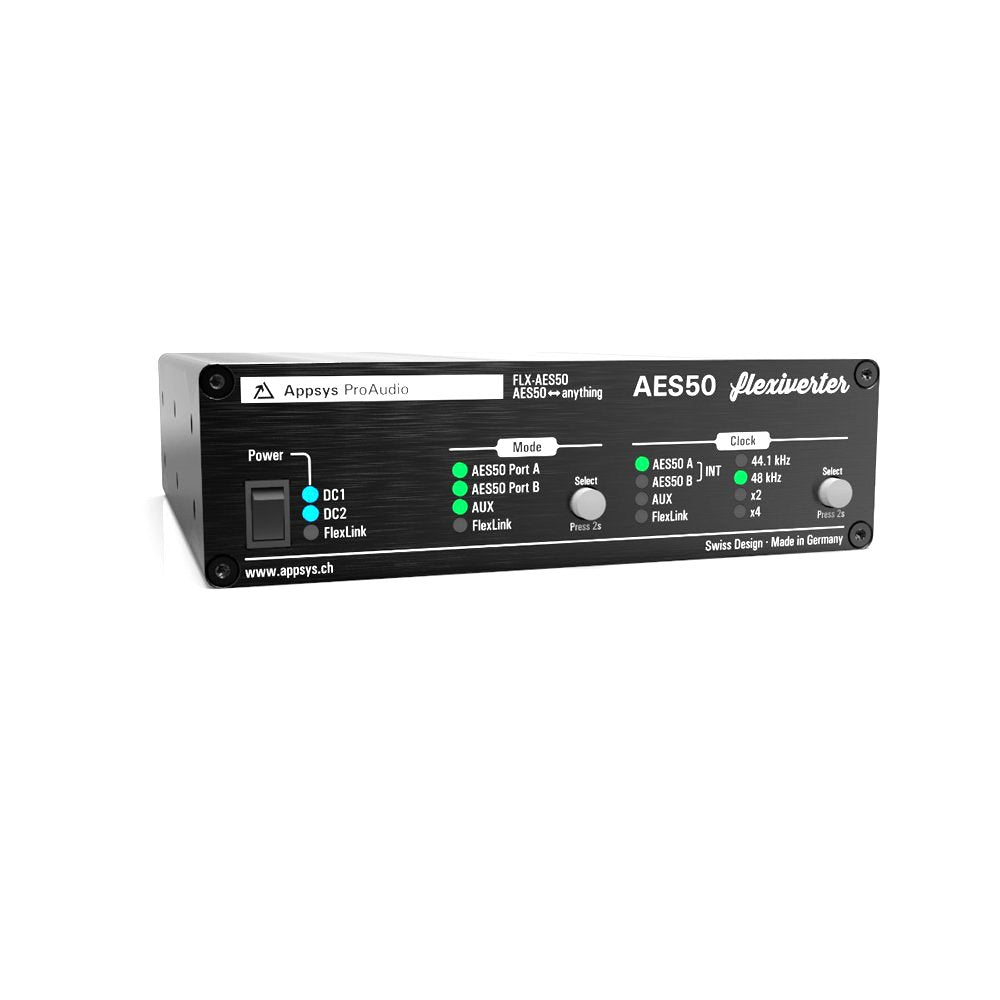 Front view of a black Appsyst ProAudio AES50 Flexiverter converter with power switch, LED indicators, and control knobs.