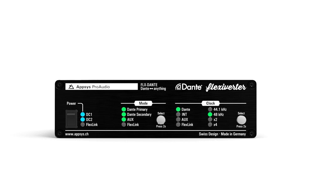 Front panel of a black ProAudio device showing mode and clock select buttons with indicator lights and a power switch.