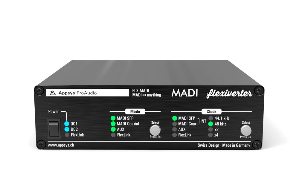 Front panel of a black Appsys ProAudio Flexiverter MADI converter showing power switch, mode and clock selectors, and status LEDs.