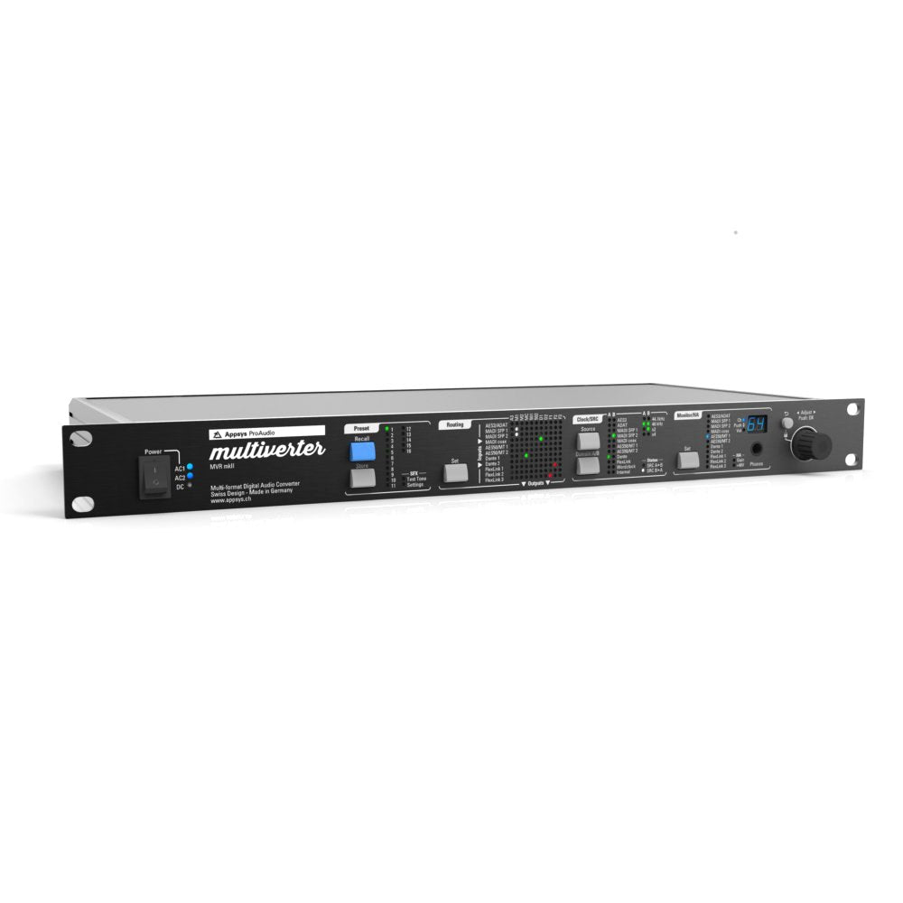 Front angled view of a rack-mountable black Appsys ProAudio multiverter device with buttons, LEDs, and a rotary control.