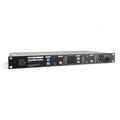 Front angled view of a rack-mountable black Appsys ProAudio multiverter device with buttons, LEDs, and a rotary control.
