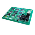 Green circuit board with multiple integrated chips and three black connectors including a fiber optic port.