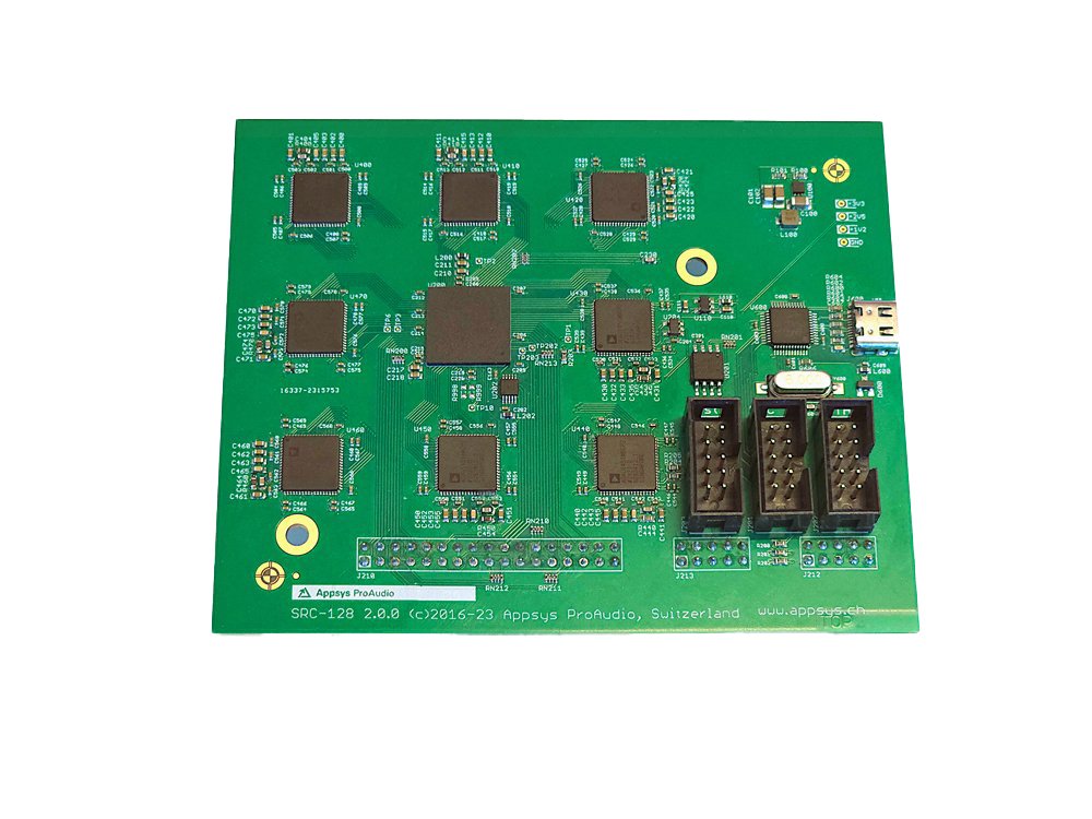 Green printed circuit board with multiple chips and connectors including USB and three multi-pin connectors.