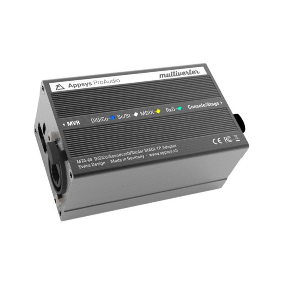 Gray metal audio adapter with LED indicators and one combo XLR/TRS jack on the side.