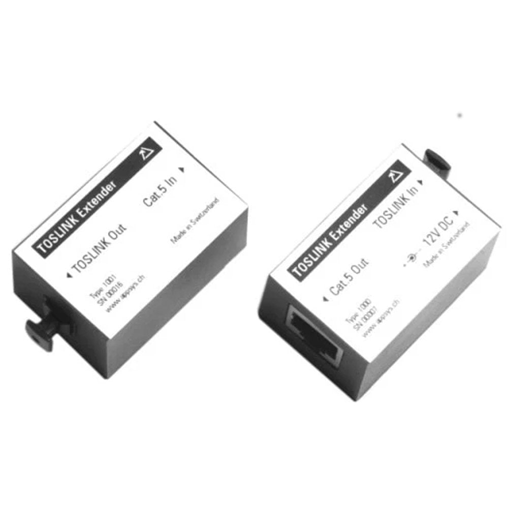 Two black and white rectangular TOSLINK extender units with TOSLINK optical and RJ45 connectors.