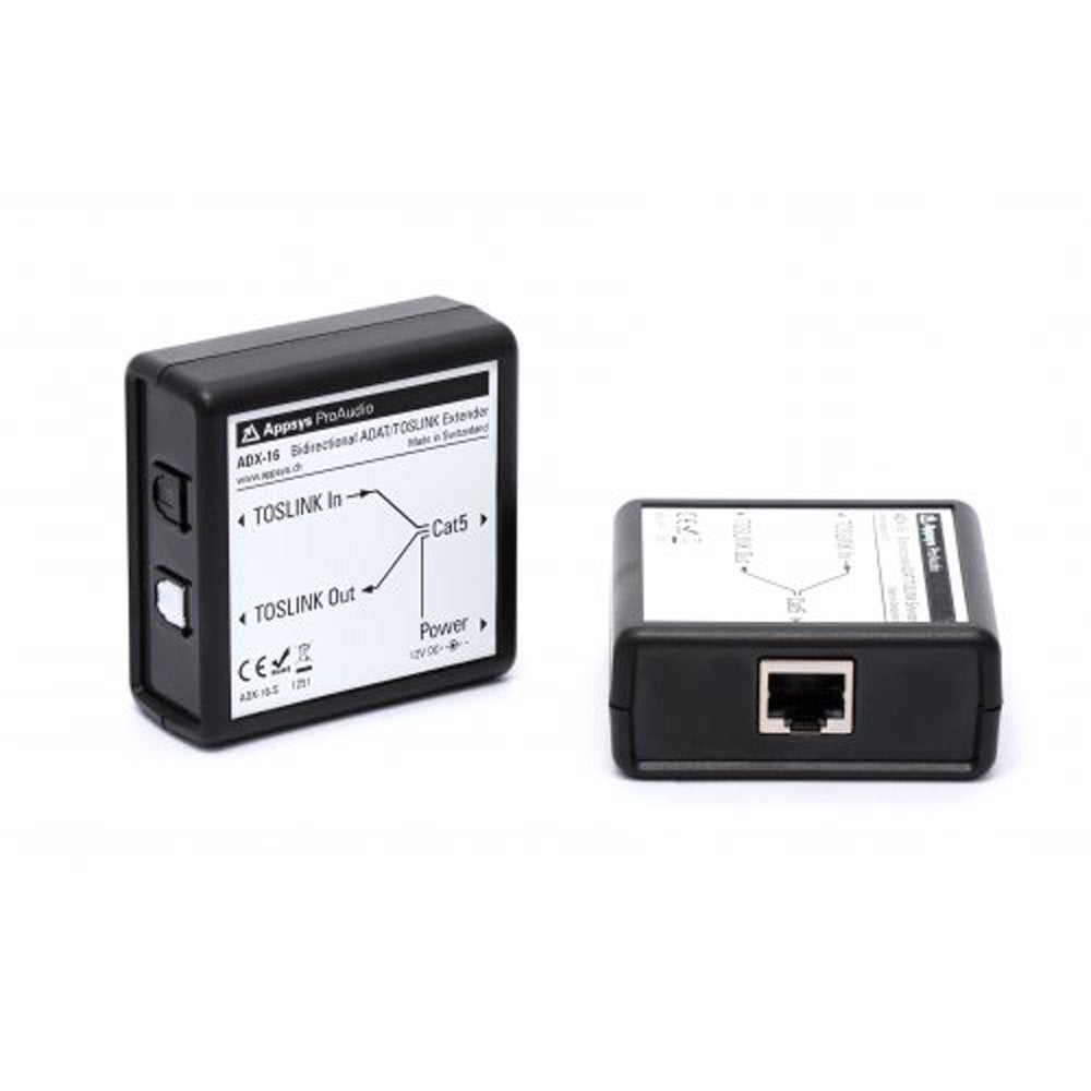 Two compact black bidirectional ADAT/TOSLINK extenders with Toslink and Cat5 ports and power connectors.