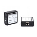 Two compact black bidirectional ADAT/TOSLINK extenders with Toslink and Cat5 ports and power connectors.