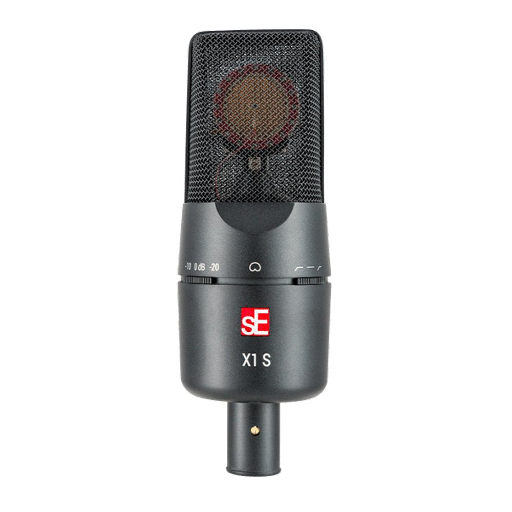 Black studio microphone with metal mesh grille and XLR connector shown from front view.