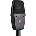 Black studio microphone with metal mesh grille, two switches, and XLR connector at bottom.