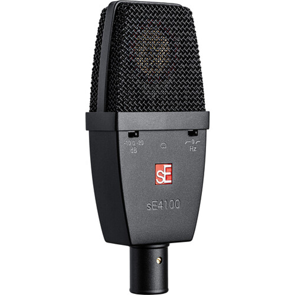 Black studio microphone with metal mesh grille, two switches, and XLR connector at bottom.