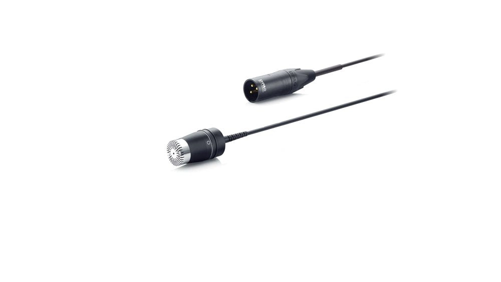 Black microphone capsule with attached cable and 3-pin male XLR connector on white background.