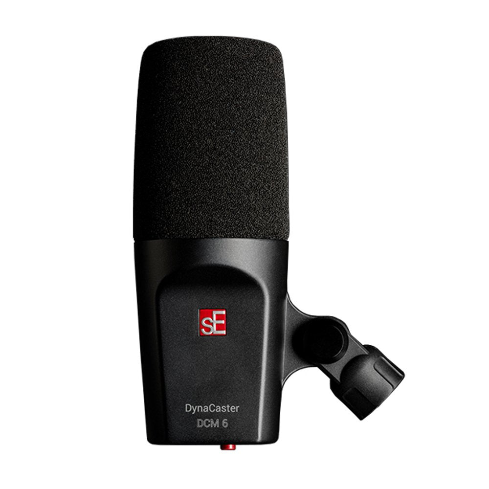 Black studio microphone with foam windscreen and attached mount clamp on white background.