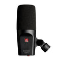 Black studio microphone with foam windscreen and attached mount clamp on white background.