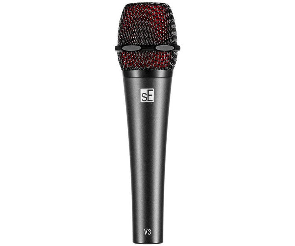 Black handheld microphone with red mesh grille and sE logo, marked with V3 near the base.