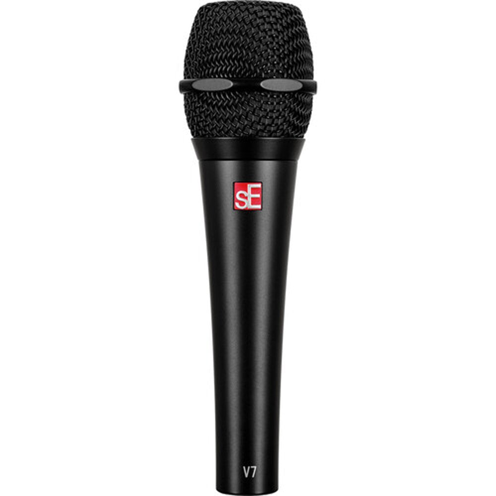 Black handheld microphone with mesh grille and red and white sE logo and V7 printed on the body.
