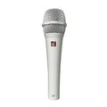 White handheld microphone with metal grille and sE logo on the body