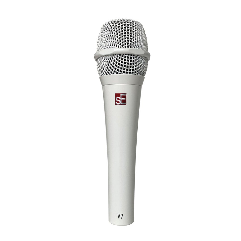 White handheld microphone with metal grille and sE logo on the body