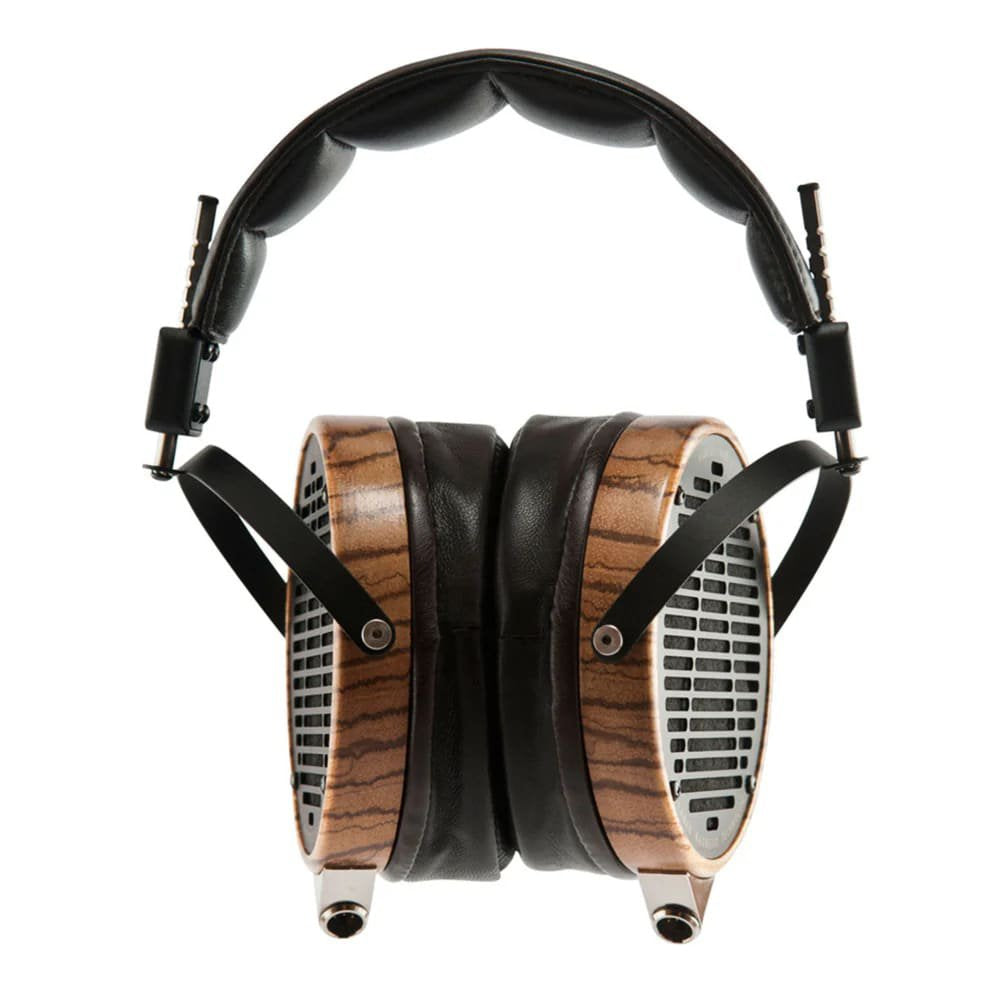Over-ear headphones with wooden earcups and black padded headband shown from the front.