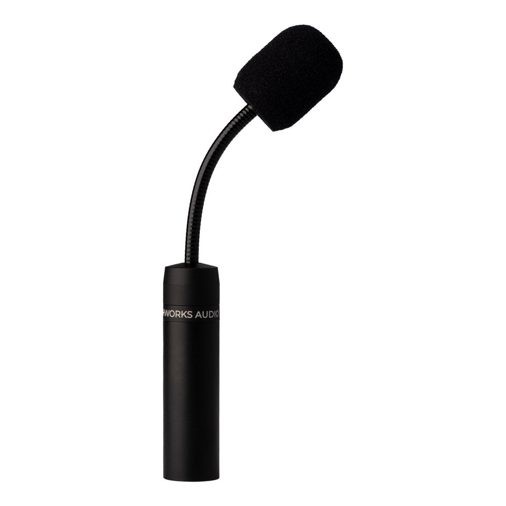 Black microphone with a flexible gooseneck and foam windscreen on top against a white background.