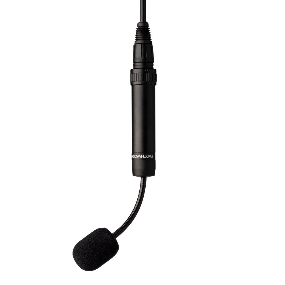 Black microphone with flexible gooseneck and foam windscreen, branded EARTHWORKS