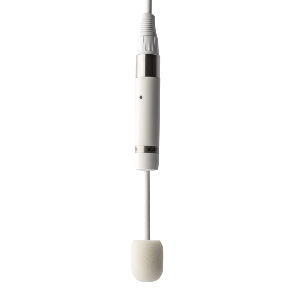 White cylindrical microphone with foam windscreen and XLR connector at the top