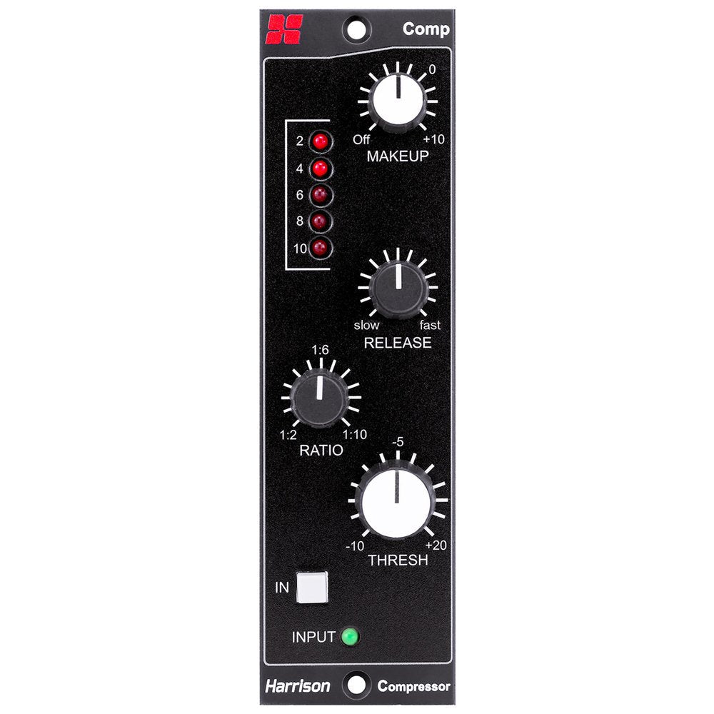 Black studio compressor module with knobs for makeup gain, release, ratio, threshold, LED indicators, and input button.