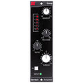 Black studio compressor module with knobs for makeup gain, release, ratio, threshold, LED indicators, and input button.