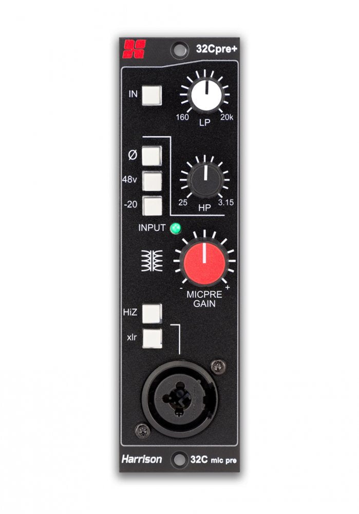 Black audio preamp module with buttons, rotary knobs, and a combo XLR/TRS input connector.