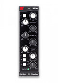Front panel of a Harrison MR3eq equalizer module with rotary knobs, push buttons, and an input indicator light.