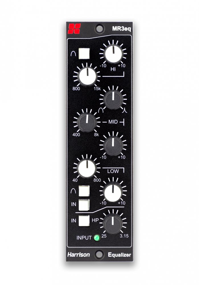 Front panel of a Harrison MR3eq equalizer module with rotary knobs, push buttons, and an input indicator light.