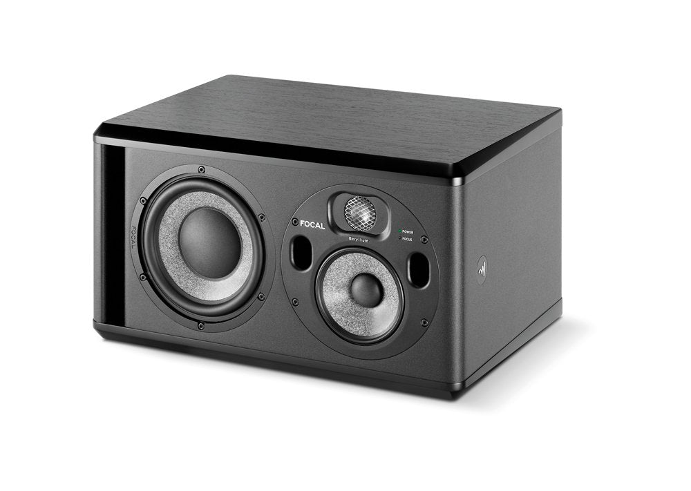 Black studio monitor speaker with dual drivers and circular Beryllium tweeter on front panel.