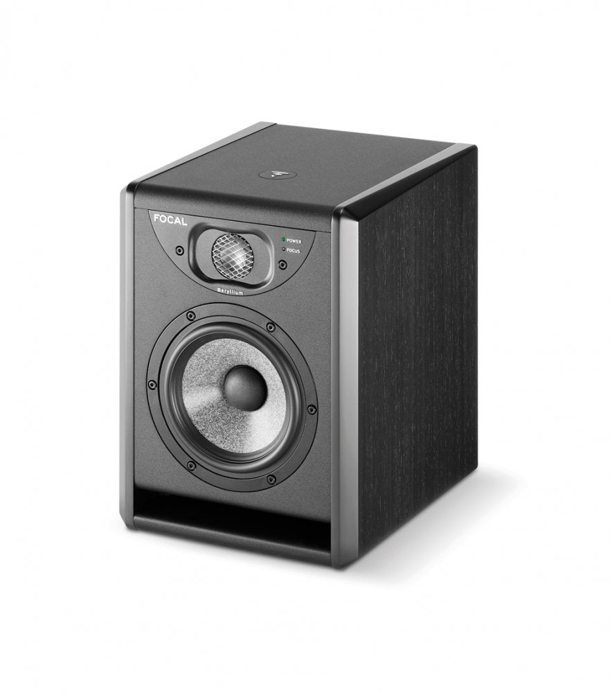 Black studio monitor speaker with silver woofer cone and a metal mesh tweeter, showing two small indicator lights and the FOCAL brand name.