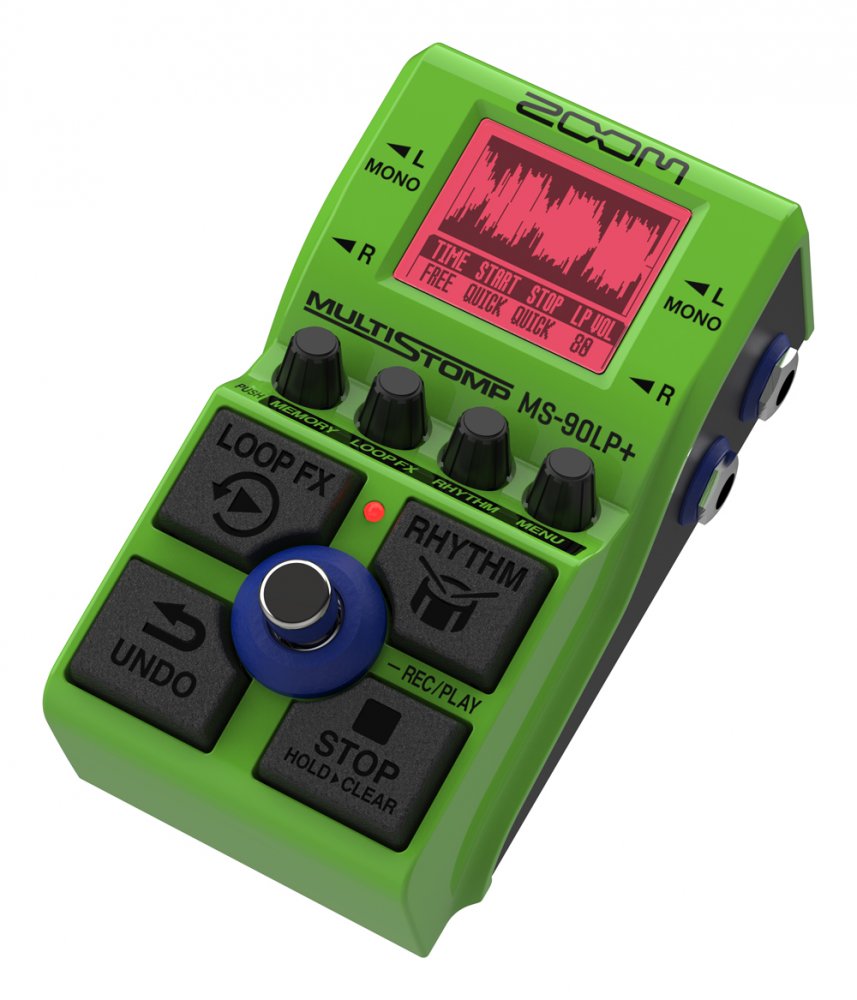 Green guitar effects pedal with screen, four knobs, joystick, and labeled footswitch buttons for loop, rhythm, undo, and stop.