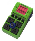 Green guitar effects pedal with screen, four knobs, joystick, and labeled footswitch buttons for loop, rhythm, undo, and stop.
