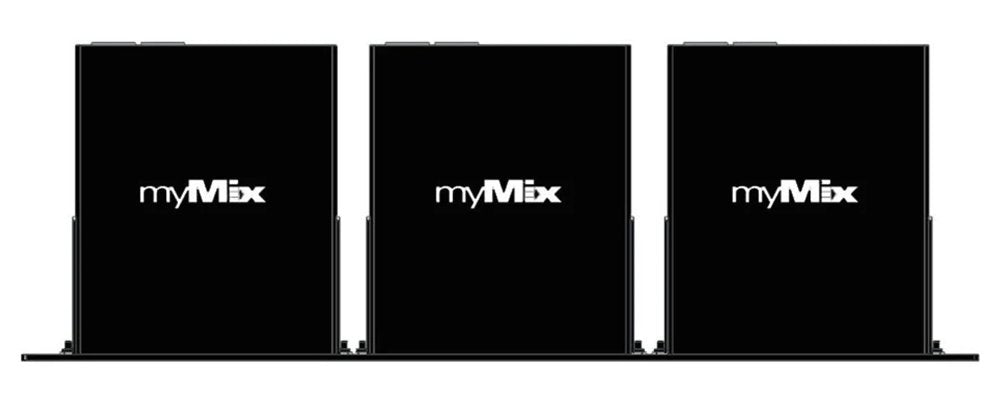 Three black myMix devices side by side with white myMix logos on front panels