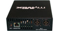 Black rectangular device with myMIX logo, power input jack, Ethernet port, and two XLR audio connectors.