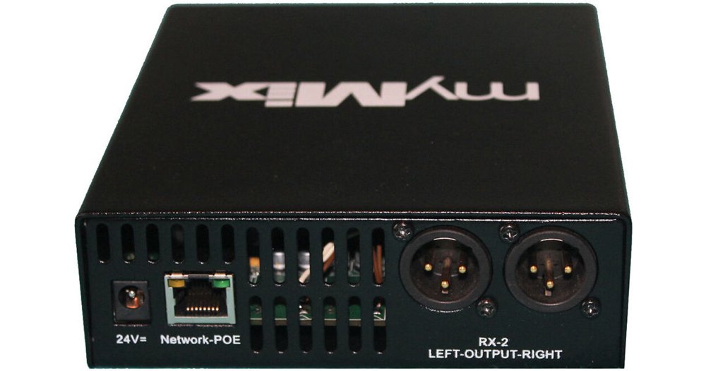 Black rectangular device with myMIX logo, power input jack, Ethernet port, and two XLR audio connectors.